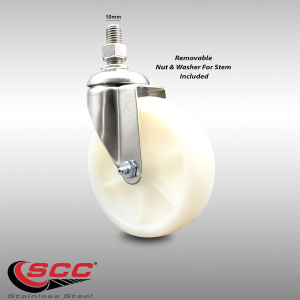 5 Inch 316SS Nylon Wheel Swivel 10mm Threaded Stem Caster